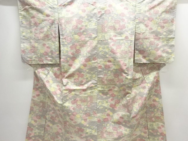 未使用品　垣根に花模様織出し十日町紬単衣着物